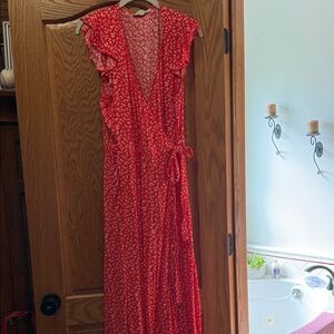 LOFT Red Floral Wrap Maxi Dress with Ruffle Cap Sleeves